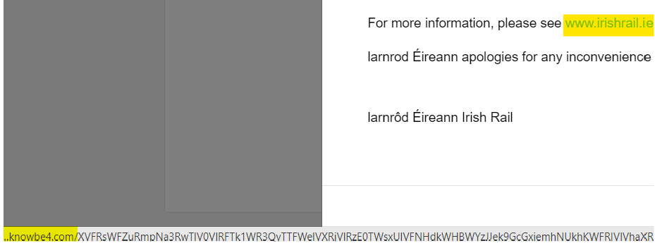 Screenshot of link taking user to a different, potentially malicious domain to help employees on how to spot a phishing email